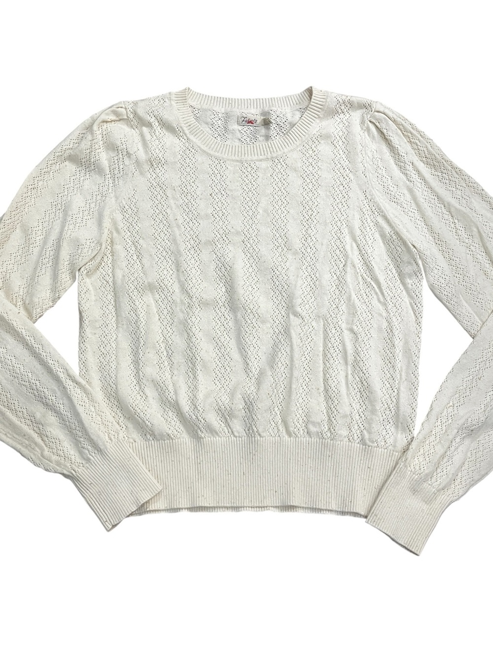 Faherty Lola Pointelle Sweater Women’s L Egret Off White Cotton Pleated Shoulder - Picture 2 of 9